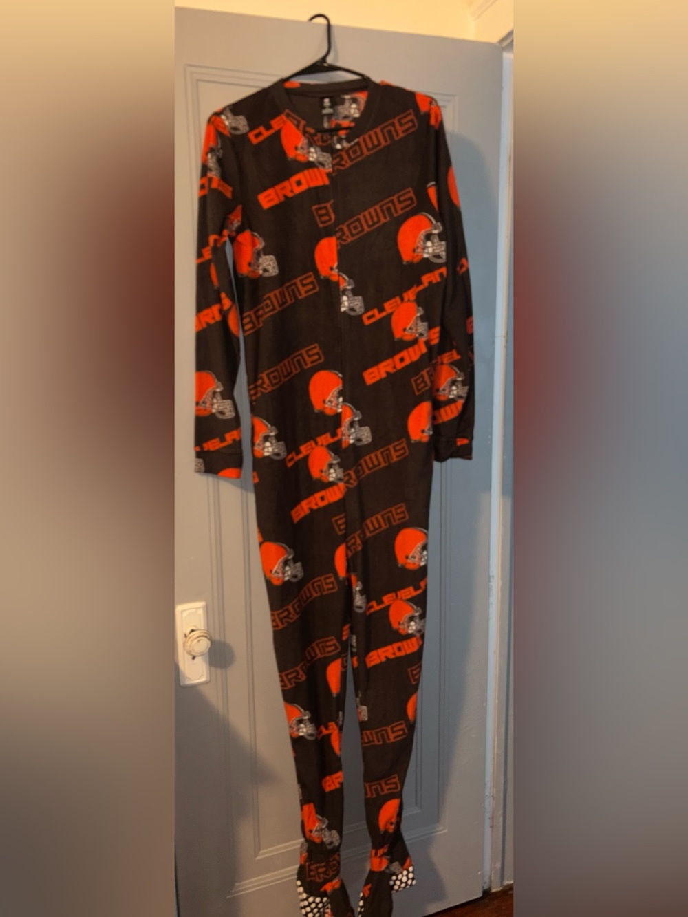 NFL Browns brown and Orange woman’s  One-Piece Footie Pajamas S like new